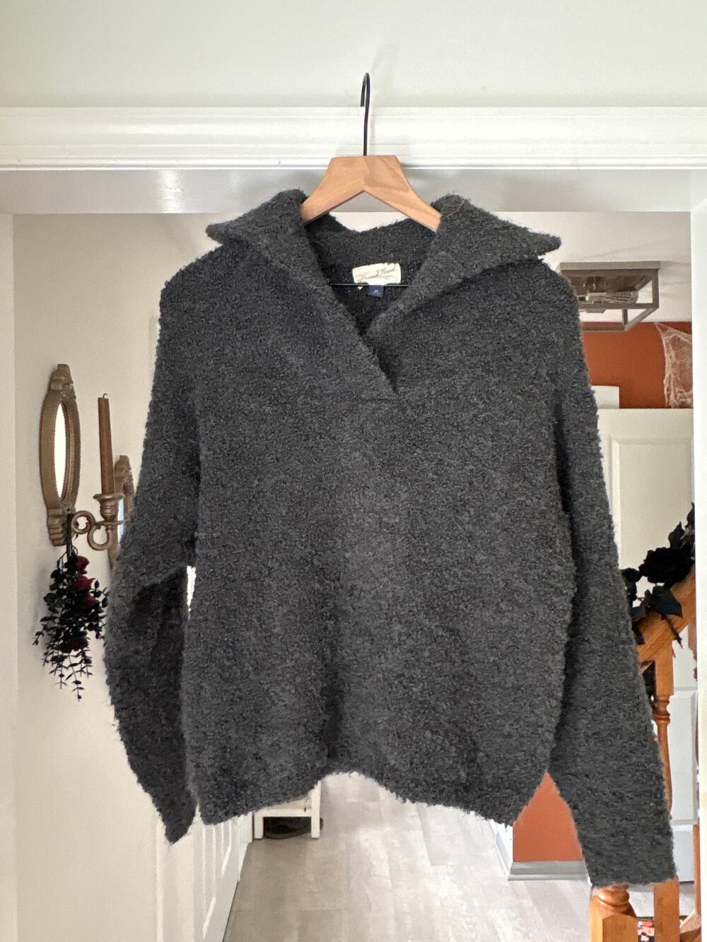 Universal Thread Gray Boucle Knit Collared Sweater XS Fuzzy Warm V Neck